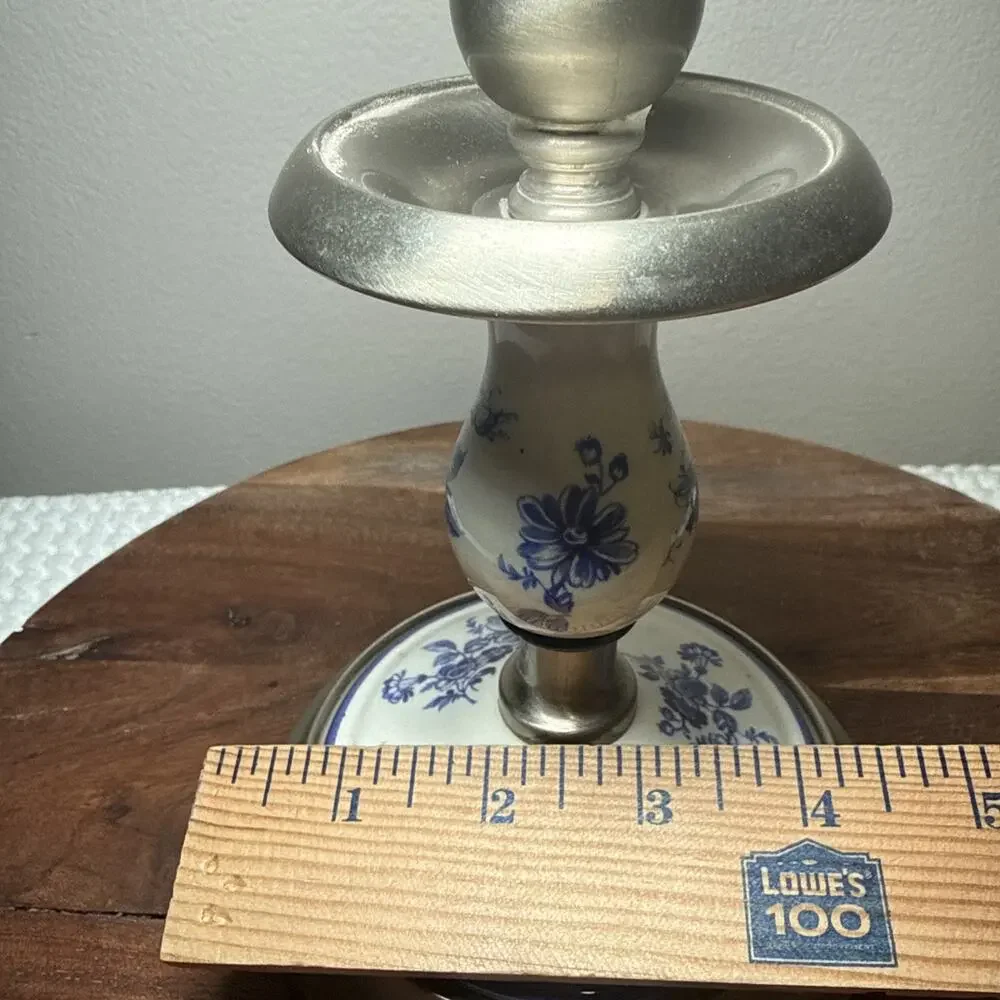 Vintage I.M. Schaffer Brooklyn Blue White Floral Ceramic Metal Candlestick MCM